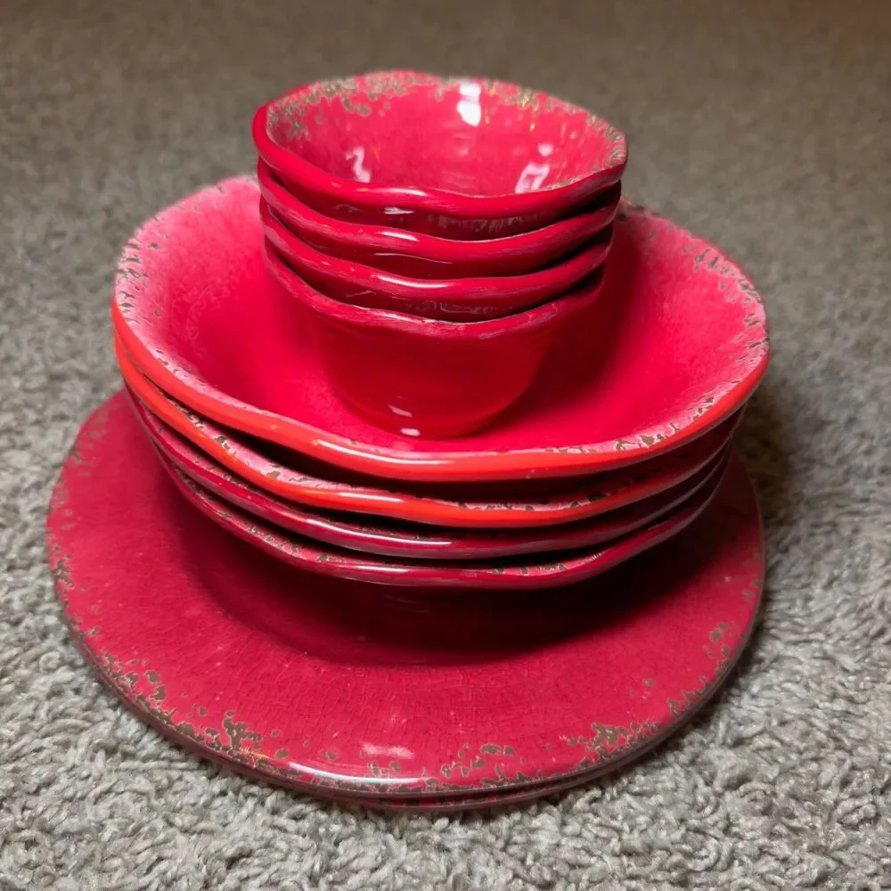 Pier 1 Carmelo Melamine Bowls Pink Red Crackle Plates Bowls Snack Dish LOT of 10